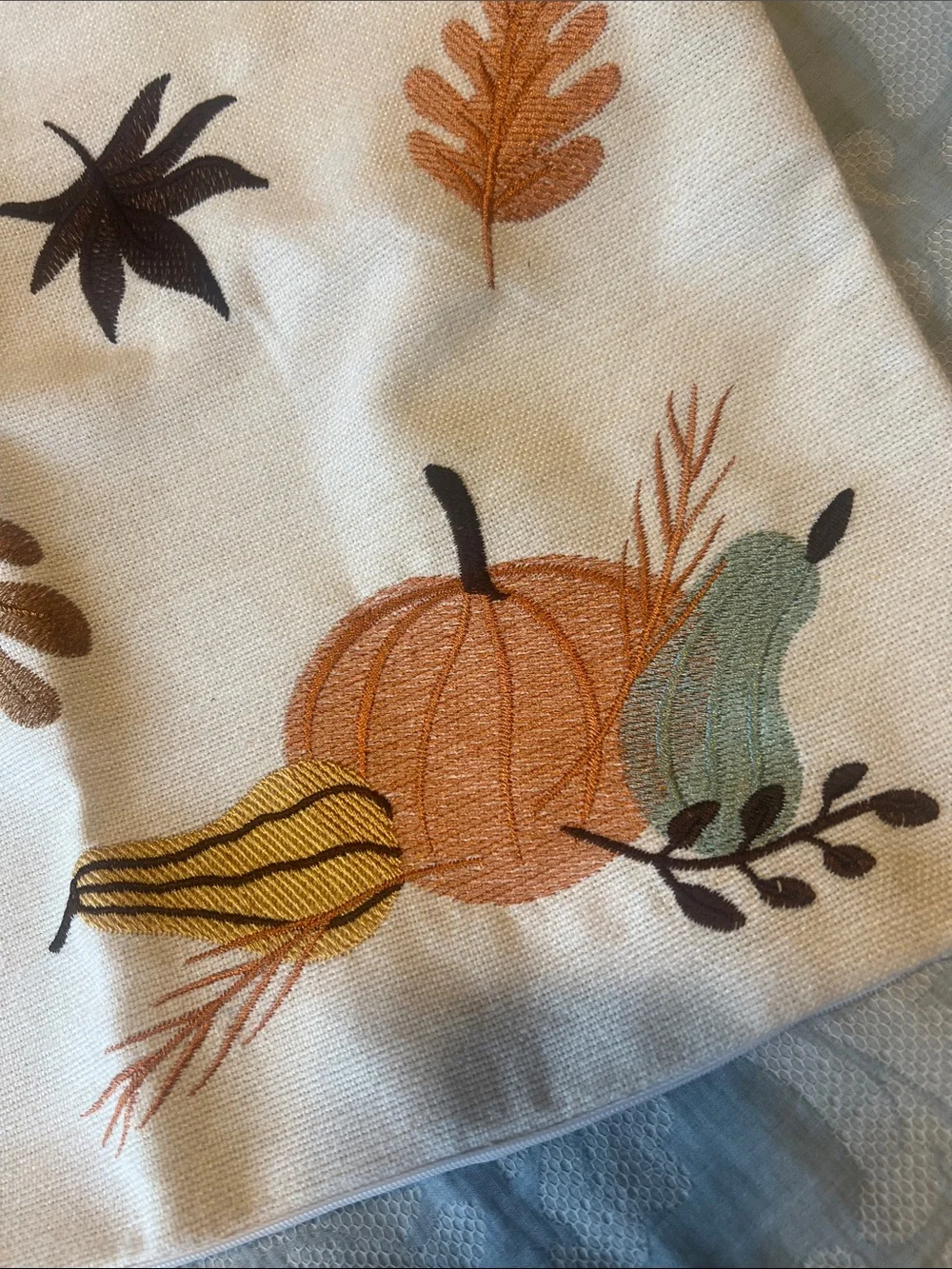 Autumn Harvest Pumpkin Embroidered Pillow Covers- Cream
